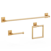 Load image into Gallery viewer, HOMLUX 3-Piece Bath Hardware Set with Towel Ring Toilet Paper Holder and 24 in. Towel Bar in Brass
