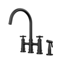 Load image into Gallery viewer, 2-Handle Bridge Kitchen Faucet with Side Sprayer in Matte Black