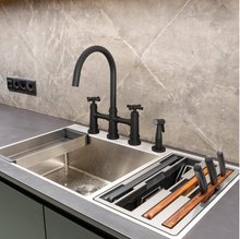 Load image into Gallery viewer, 2-Handle Bridge Kitchen Faucet with Side Sprayer in Matte Black