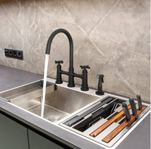 Load image into Gallery viewer, 2-Handle Bridge Kitchen Faucet with Side Sprayer in Matte Black