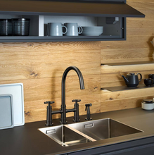 Load image into Gallery viewer, 2-Handle Bridge Kitchen Faucet with Side Sprayer in Matte Black
