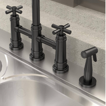 Load image into Gallery viewer, 2-Handle Bridge Kitchen Faucet with Side Sprayer in Matte Black