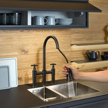 Load image into Gallery viewer, 2-Handle Pull Down Spray Head Bridge Kitchen Faucet Cross Handle
