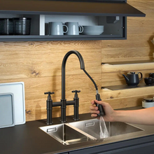 Load image into Gallery viewer, 2-Handle Pull Down Spray Head Bridge Kitchen Faucet Cross Handle