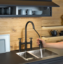 Load image into Gallery viewer, 2-Handle Pull Down Spray Head Bridge Kitchen Faucet Cross Handle
