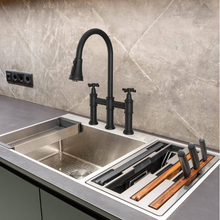 Load image into Gallery viewer, 2-Handle Pull Down Spray Head Bridge Kitchen Faucet Cross Handle