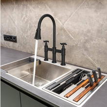 Load image into Gallery viewer, 2-Handle Pull Down Spray Head Bridge Kitchen Faucet Cross Handle