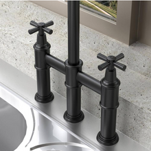 Load image into Gallery viewer, 2-Handle Pull Down Spray Head Bridge Kitchen Faucet Cross Handle