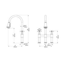 Load image into Gallery viewer, 2-Handle Pull Down Spray Head Bridge Kitchen Faucet Cross Handle