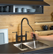 Load image into Gallery viewer, 2-Handle Pull Down Spray Head Bridge Kitchen Faucet