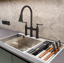Load image into Gallery viewer, 2-Handle Pull Down Spray Head Bridge Kitchen Faucet