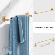 Load image into Gallery viewer, HOMLUX 4-Piece Bath Hardware Set with Towel Ring Toilet Paper Holder Robe Hook and 24 in. Towel Bar in Brass
